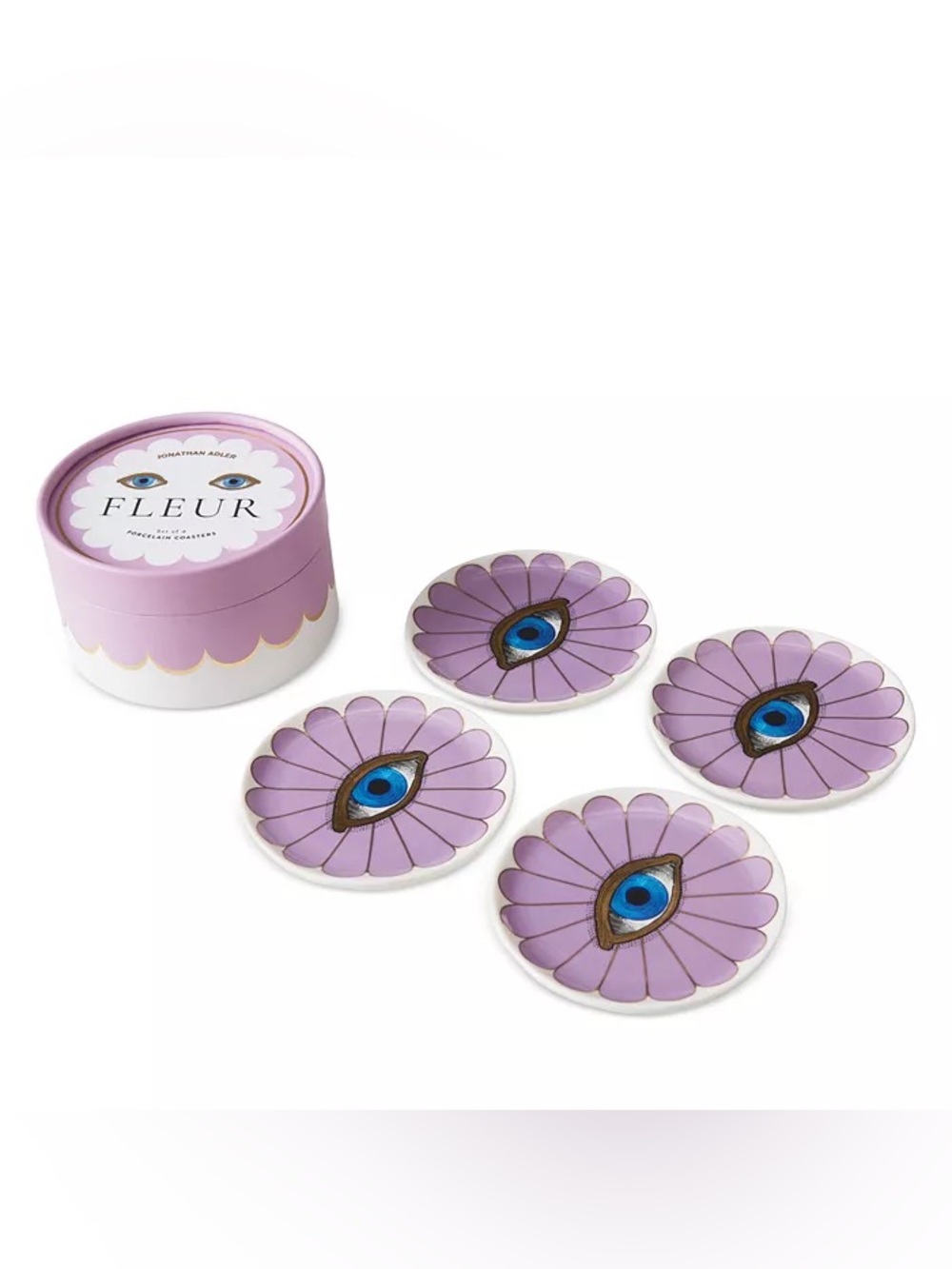 Jonathan Adler Lavender Fleur Evil Eye Porcelain Coaster Set with Box